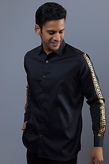 Navy Blue Giza Cotton Stretch & Satin Weave Hand Painted Shirt Design ...