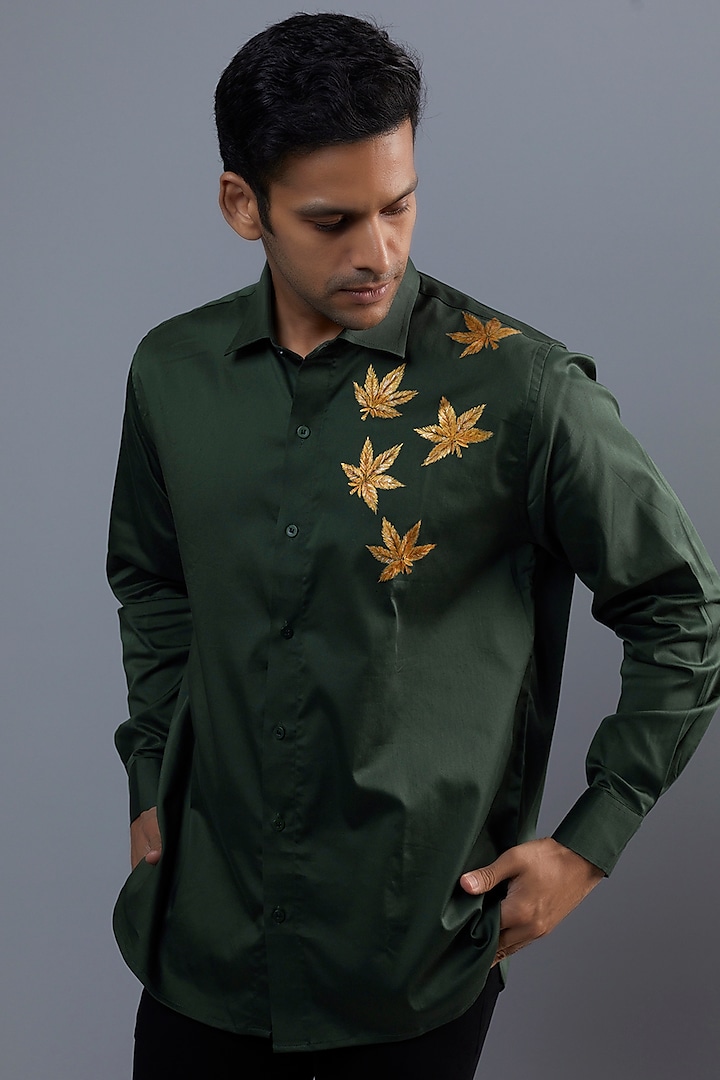 Golden leave Olive Green  Premium Giza Cotton Blend Hand Painted Shirt by AVALIPT