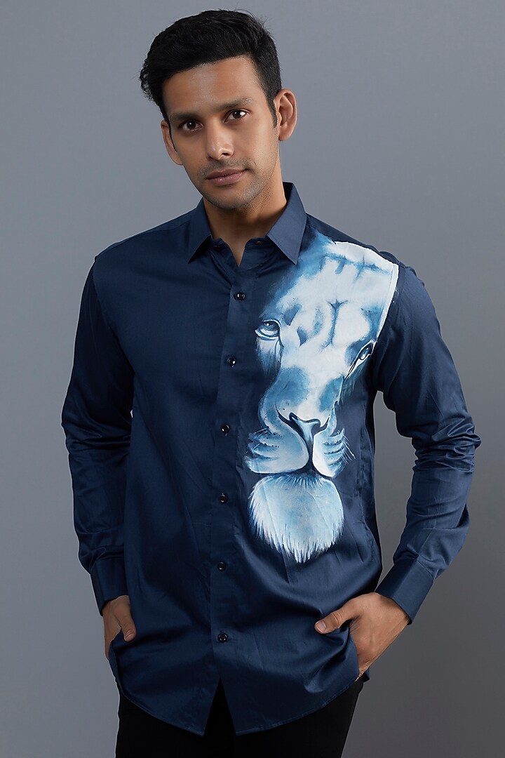 King Of Jungle Navy Blue Premium Giza Cotton Blend Hand Painted Shirt by AVALIPT