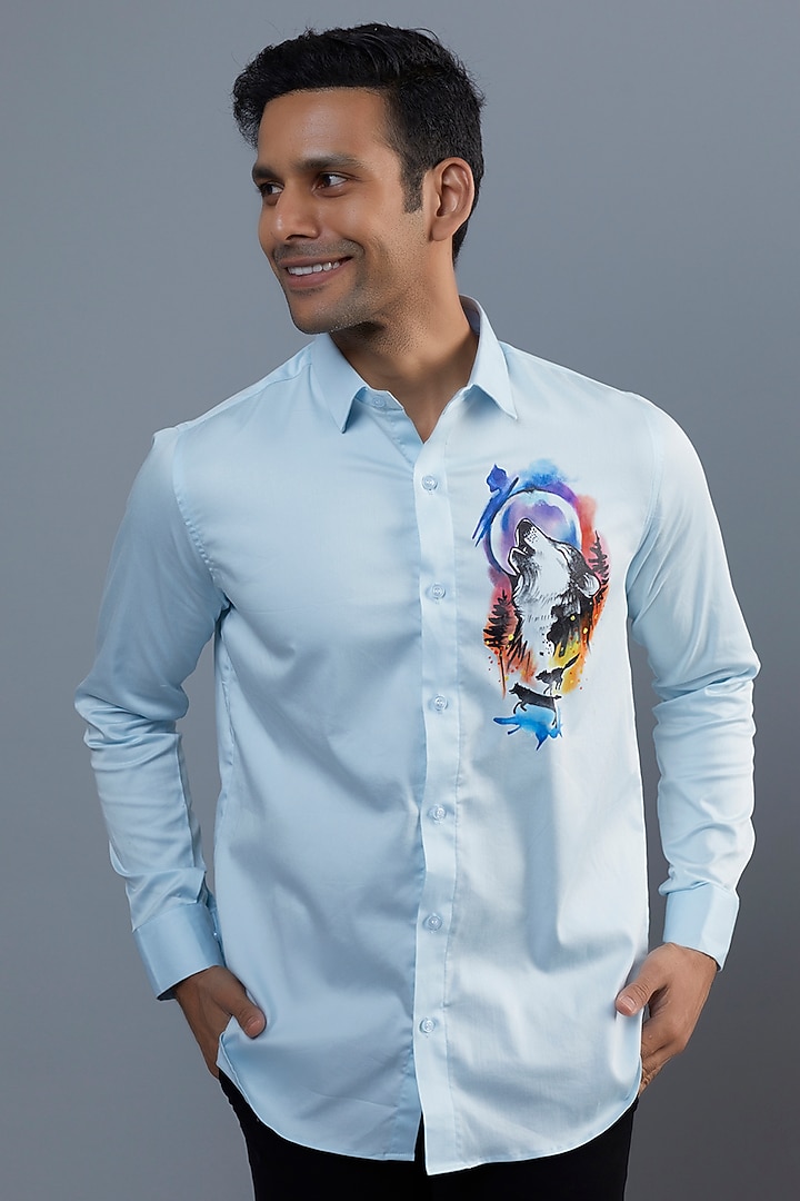 Wolf Howl Light Blue Premium Giza Cotton Blend Hand Painted Party Wear Shirt by AVALIPT at Pernia's Pop Up Shop