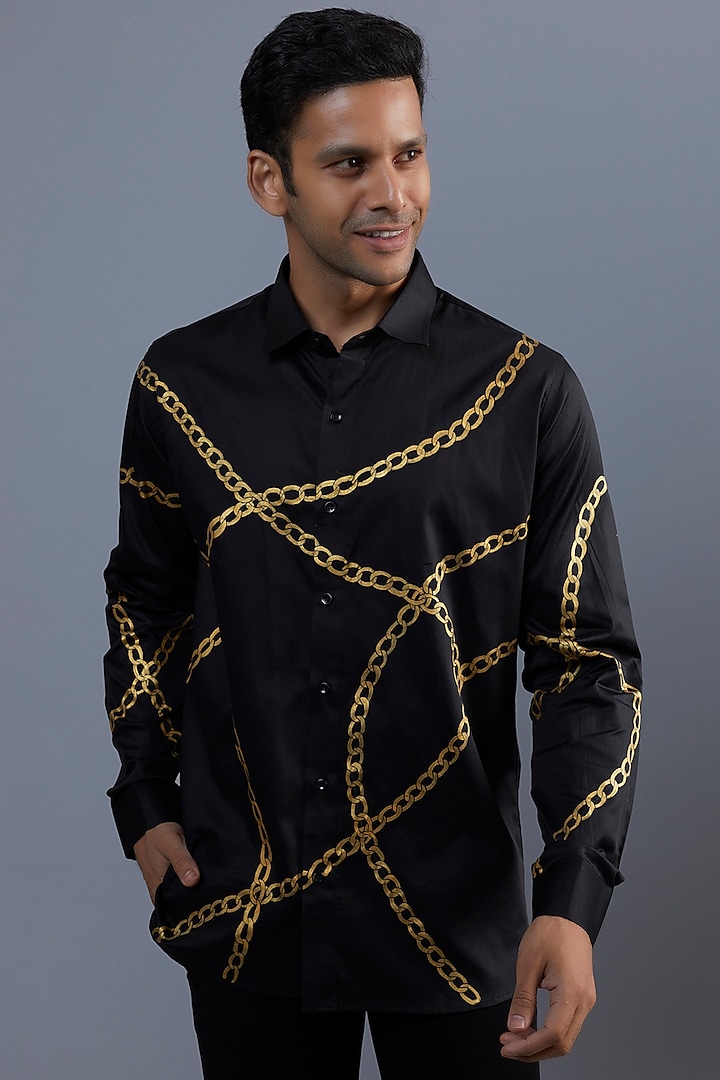 Regal Chains Black Premium Giza Cotton Blend Hand Painted Shirt by AVALIPT