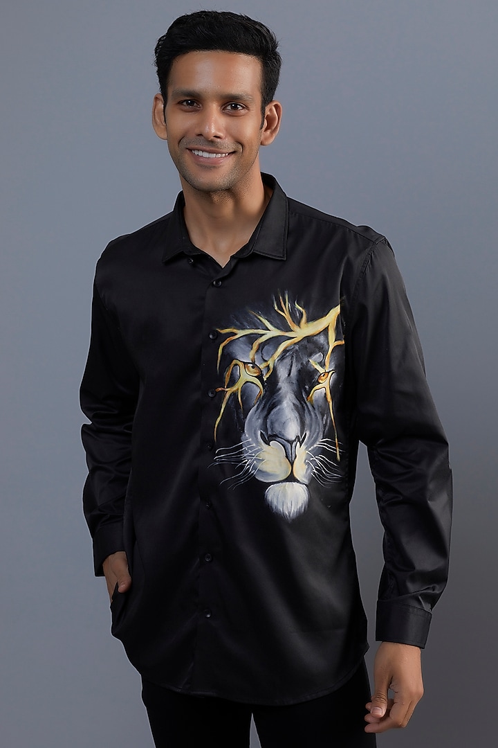 Lightning Lion Black Premium Giza Cotton Blend Hand Painted Shirt by AVALIPT
