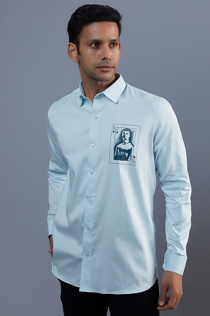 King Ronaldo Light Blue Premium Giza Cotton Blend Hand Painted Party Wear Shirt by AVALIPT at Pernia's Pop Up Shop
