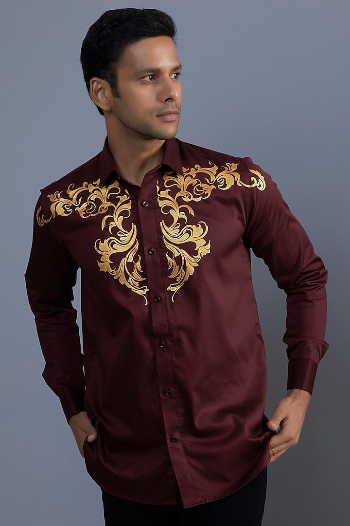 Royal Reganta Maroon Premium Giza Cotton Blend Hand Painted Shirt by AVALIPT