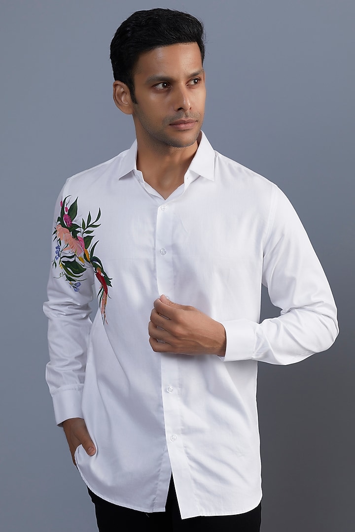 White Premium Cotton Blend & Satin Weave Hand Painted Shirt Design by ...