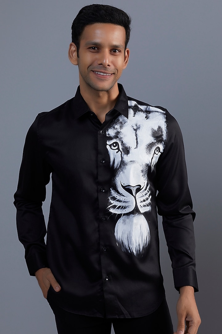 King Of Jungle Black Premium Giza Cotton Blend Hand Painted Shirt by AVALIPT