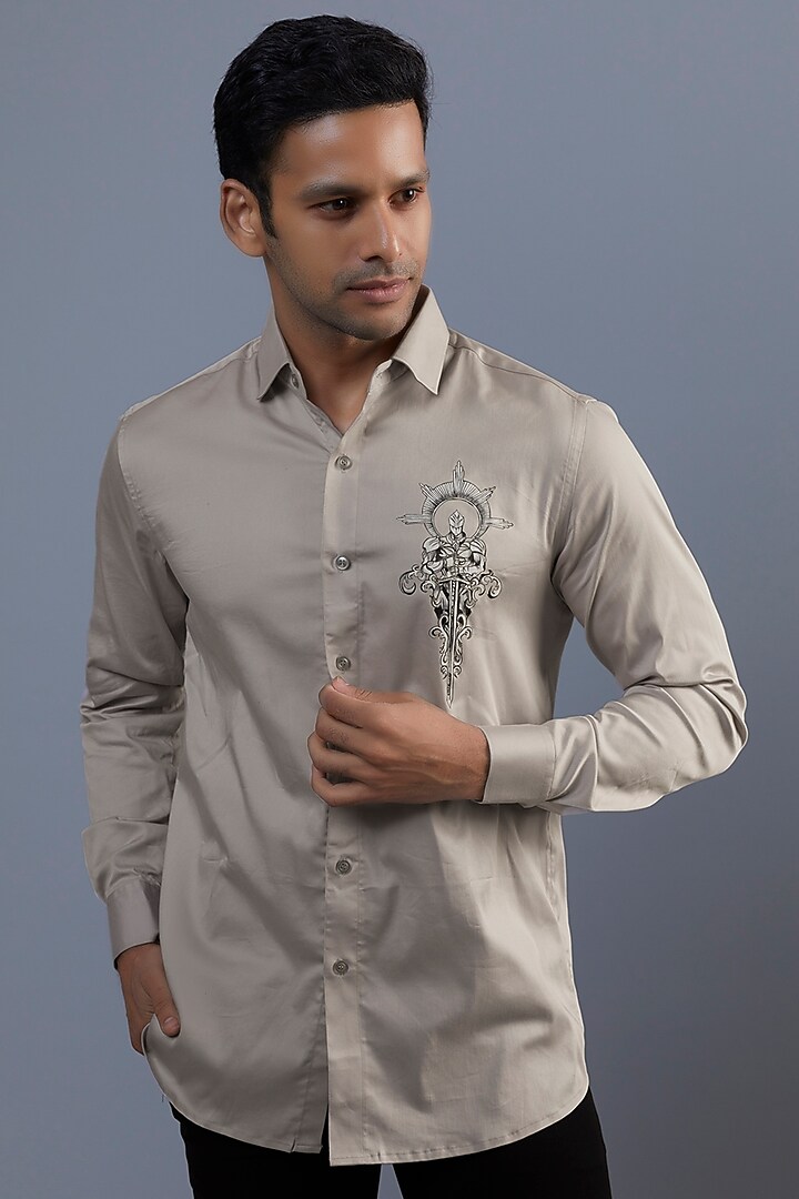 Buy AVALIPT Grey Giza Cotton Stretch & Satin Weave Hand Painted Shirt