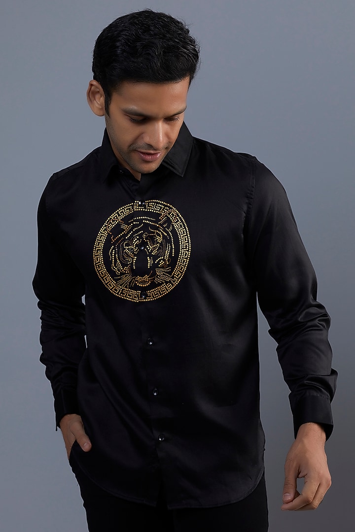 Greek Tiger Black Premium Giza Cotton Blend Hand Painted Party Wear Shirt by AVALIPT at Pernia's Pop Up Shop