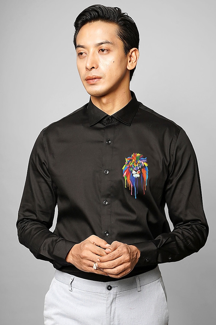 Multicolor Lion Black Premium Giza Cotton Blend Hand Painted Shirt by AVALIPT