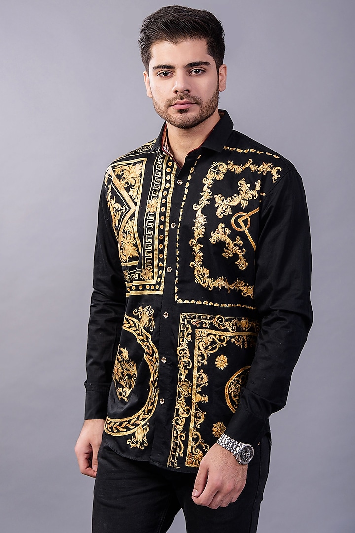 Monarch Ruler Black Premium Giza Cotton Blend Hand Painted Shirt by AVALIPT