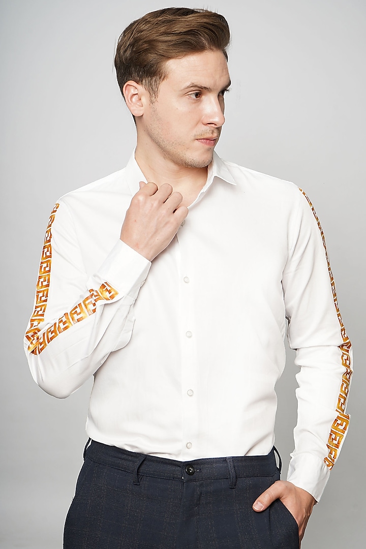 Abstract Greek White Premium Giza Cotton Blend Hand Painted Party Wear Shirt by AVALIPT at Pernia's Pop Up Shop