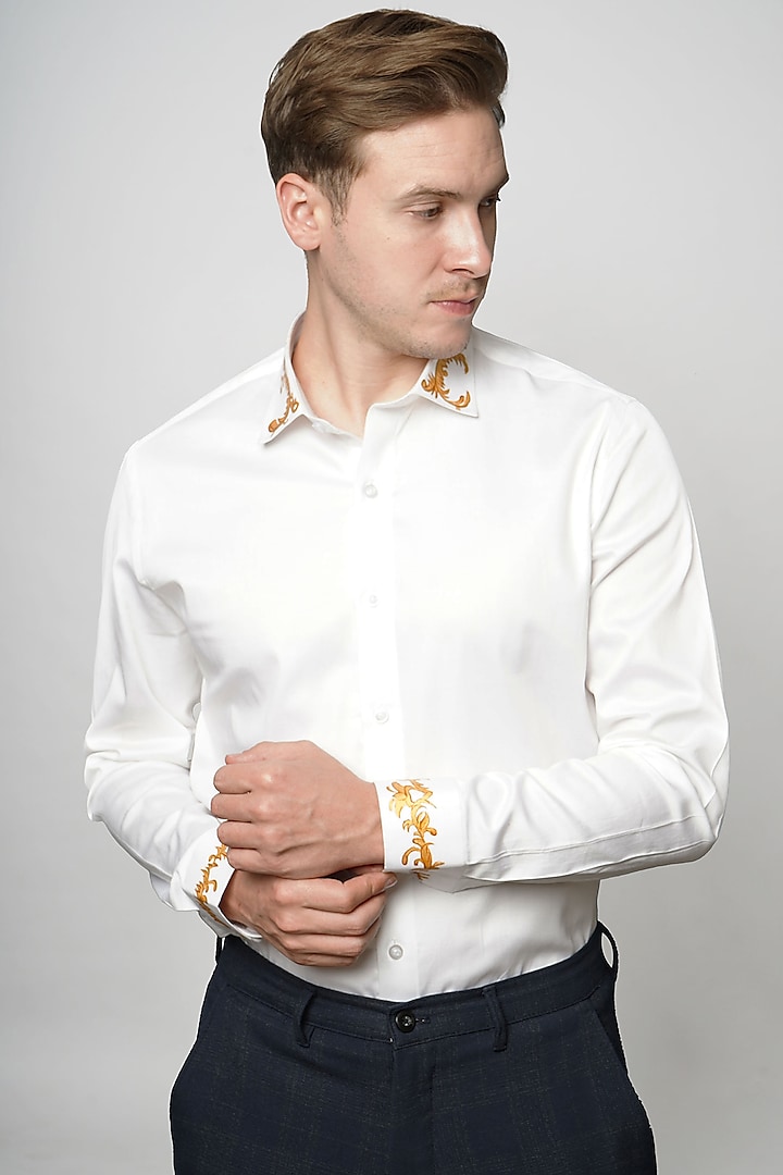 Gold Charm White Premium Giza Cotton Blend Hand Painted Shirt by AVALIPT