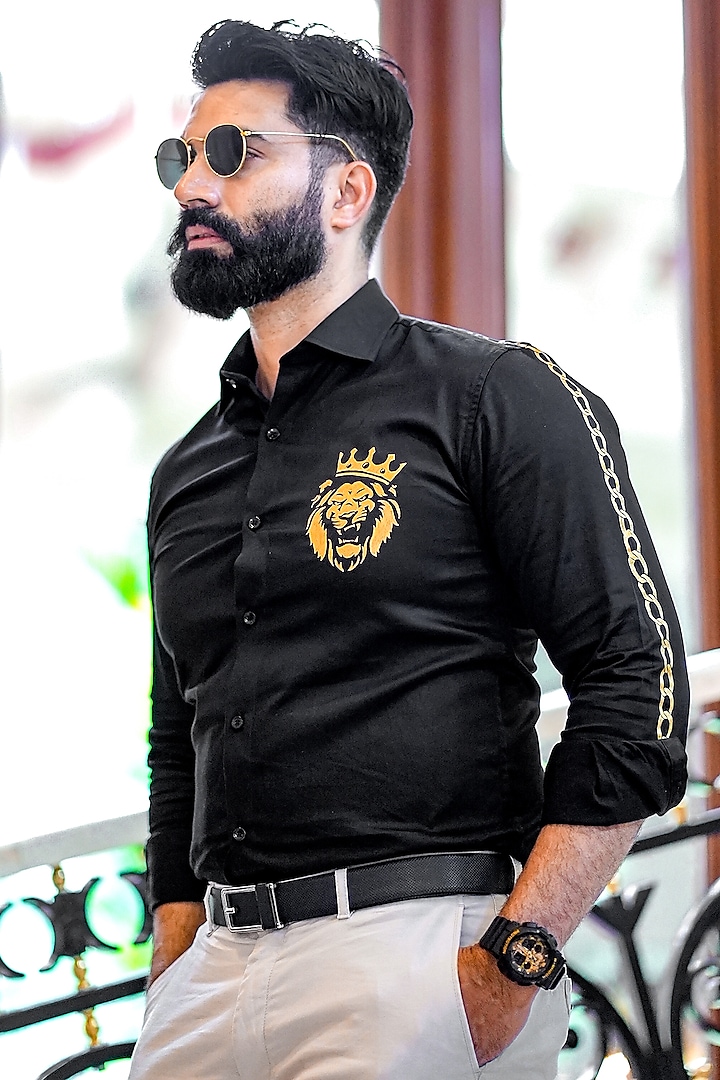 Dapper Lion Black Premium Giza Cotton Blend Hand Painted Shirt by AVALIPT