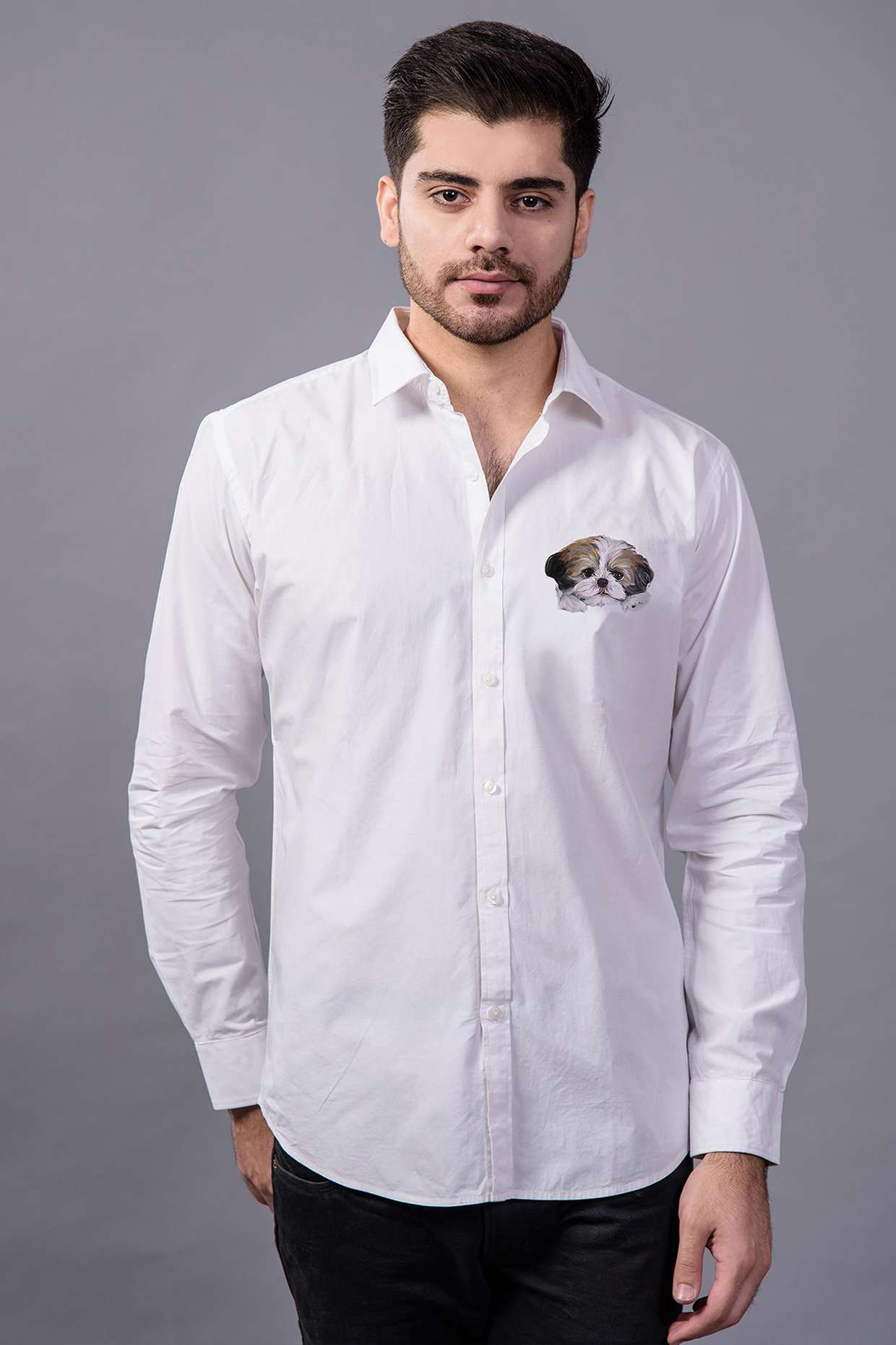Black Cotton Doggo Hand Painted Shirt by AVALIPT