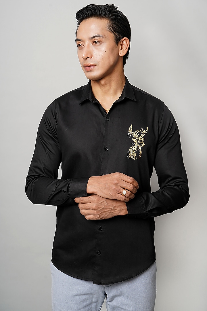 Black Cotton Golden Stag Hand Painted Summer Shirt by AVALIPT at Pernia's Pop Up Shop