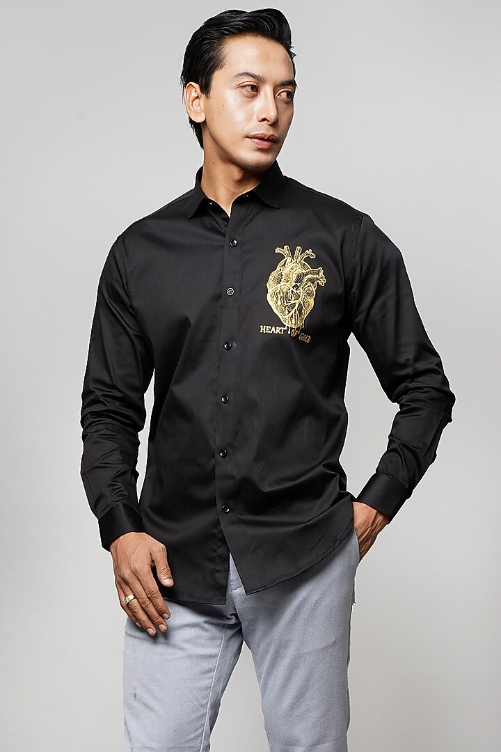 Black Cotton Heart Of Gold Hand Painted Summer Shirt by AVALIPT at Pernia's Pop Up Shop