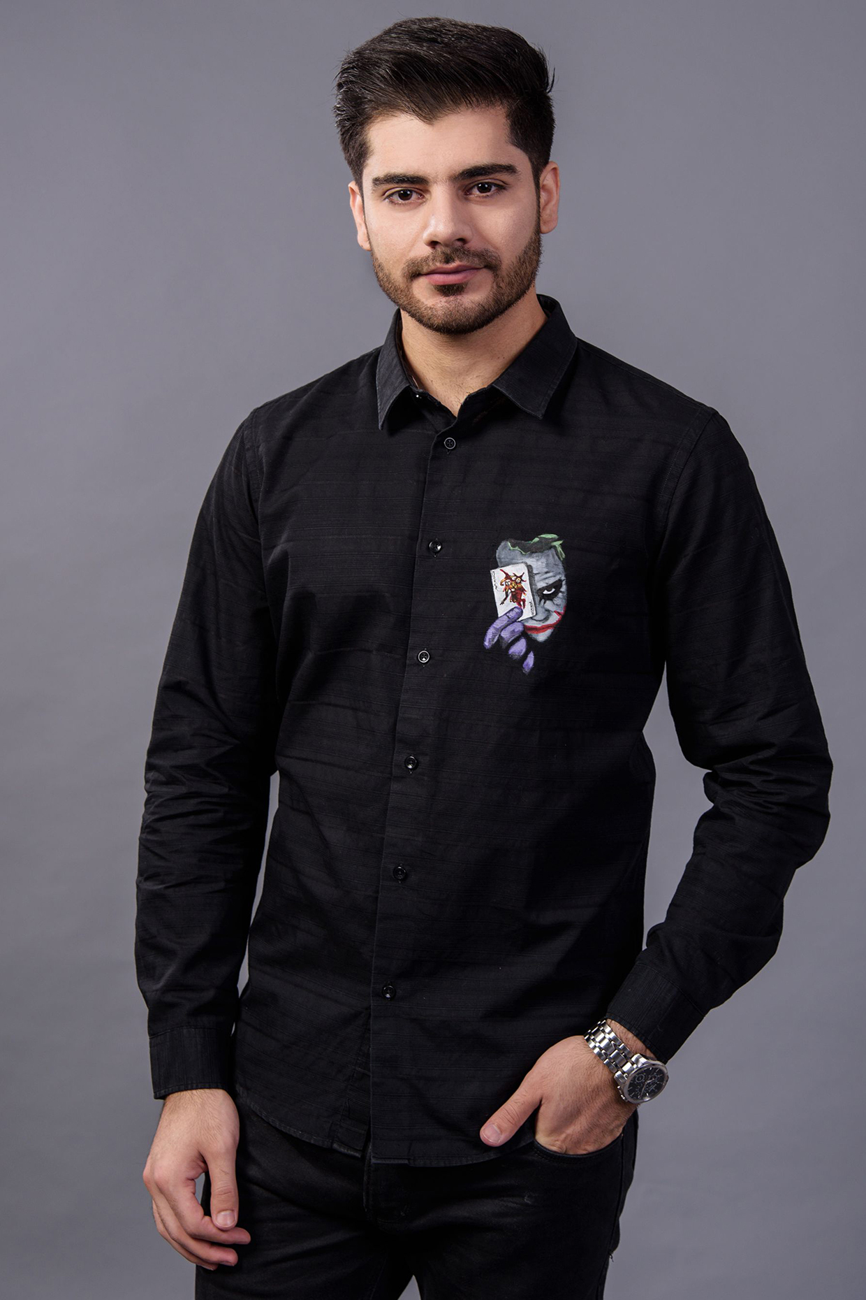 Black Cotton Joker Hand Painted Shirt by AVALIPT
