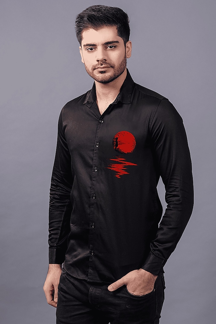 Red Moon Black Premium Giza Cotton Blend Hand Painted Shirt by AVALIPT