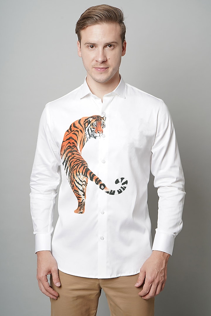 Great Indian Tiger White Premium Giza Cotton Blend Hand Painted Shirt by AVALIPT