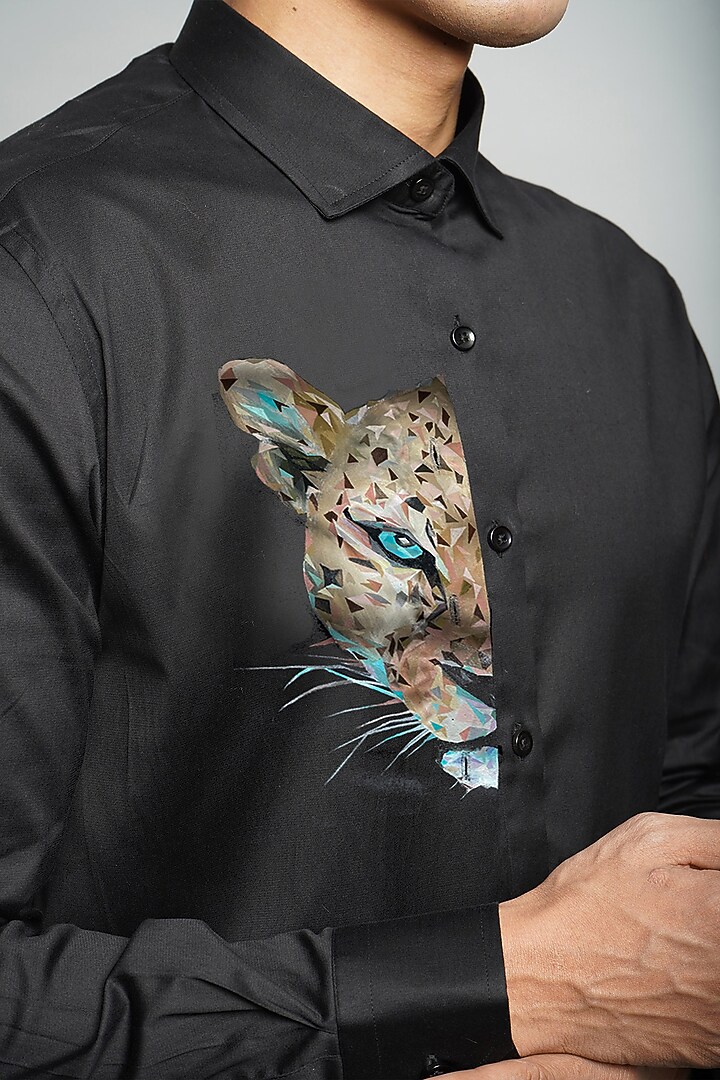 Cubic Cheetah Black Premium Giza Cotton Blend Hand Painted Party Wear Shirt by AVALIPT at Pernia's Pop Up Shop