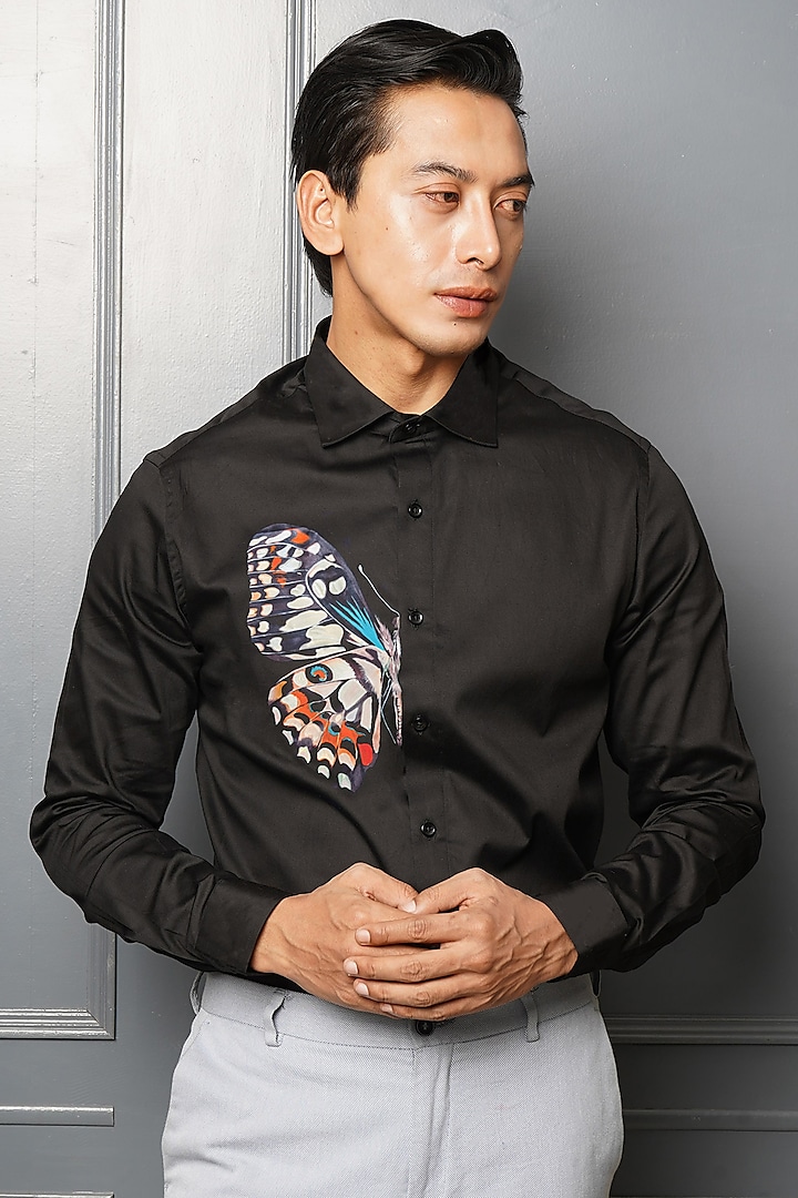 Half Butterfly Black Premium Giza Cotton Blend Hand Painted Shirt by AVALIPT