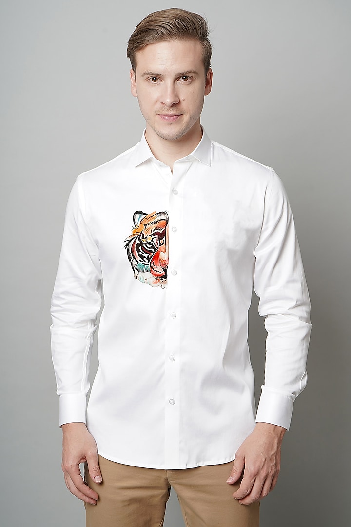 Half Faced Tiger White Premium Giza Cotton Blend Hand Painted Shirt by AVALIPT