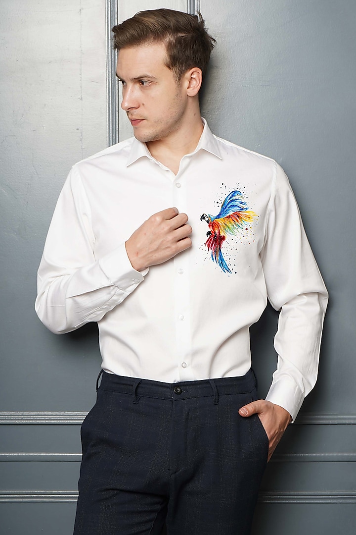 Macaw Bird Splash White Premium Giza Cotton Blend Hand Painted Shirt by AVALIPT