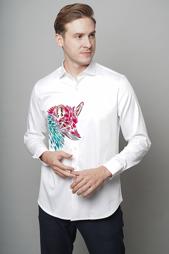 Multi-Colored Wolf White Premium Giza Cotton Blend Hand Painted Shirt by AVALIPT