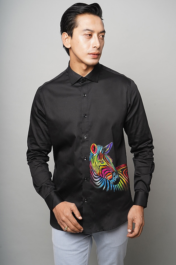 Black Cotton Rainbow Zebra Hand Painted Party Wear Shirt by AVALIPT at Pernia's Pop Up Shop