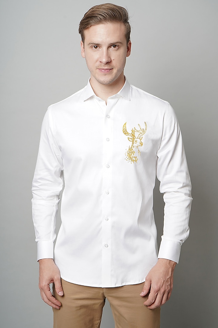 Golden Deer White Premium Giza Cotton Blend Hand Painted Shirt by AVALIPT