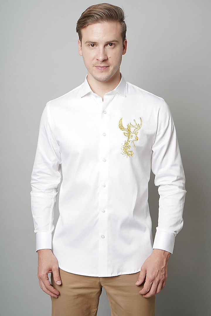 Golden Deer White Premium Giza Cotton Blend Hand Painted Summer Shirt by AVALIPT at Pernia's Pop Up Shop