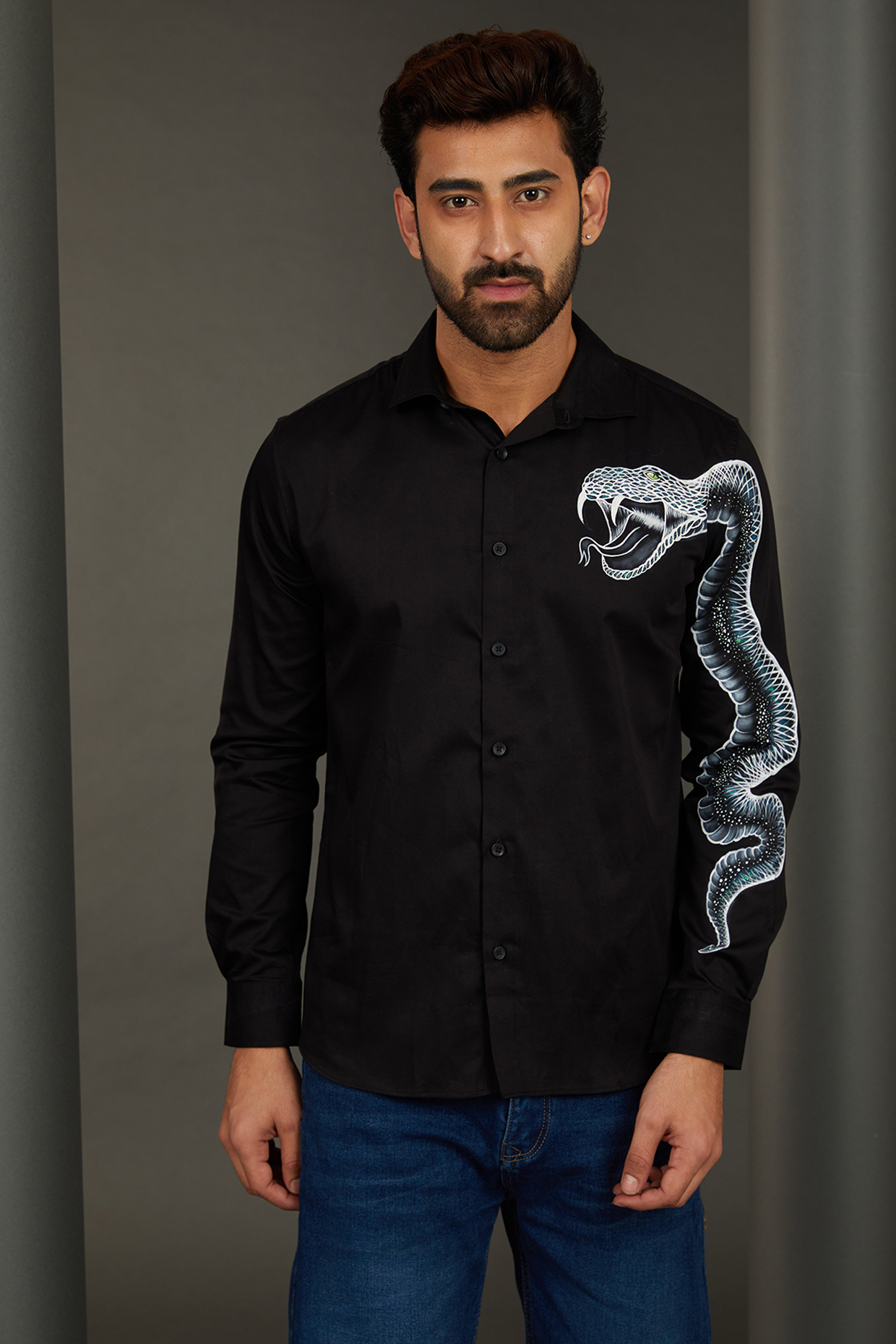 Serpent Black Premium Giza Cotton Blend Hand Painted Shirt by AVALIPT