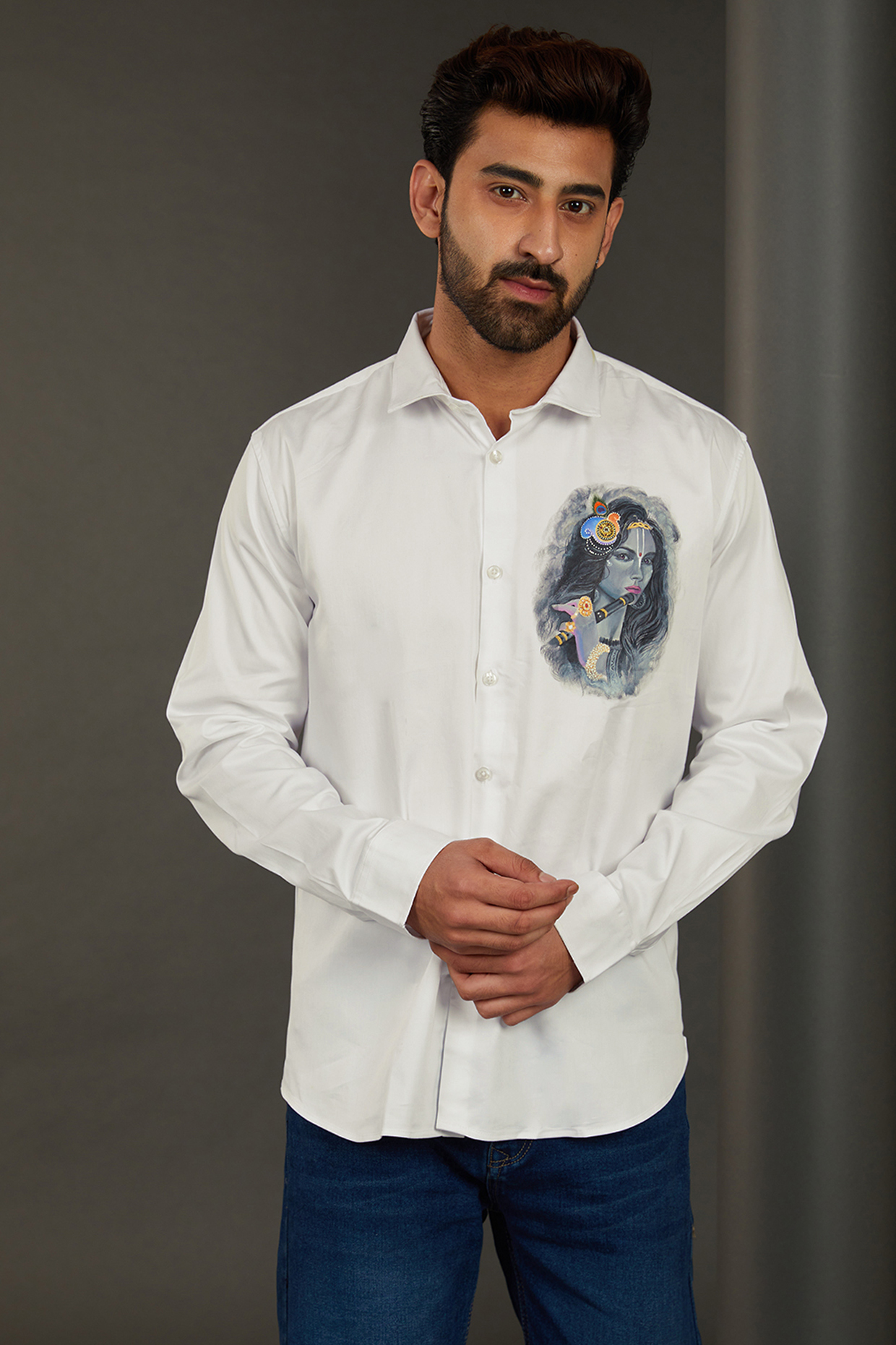 Krishna White Premium Giza Cotton Blend Hand Painted Shirt by AVALIPT