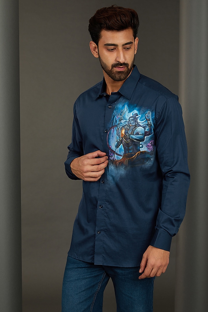 Shiva Navy Blue Premium Giza Cotton Blend Hand Painted Shirt by AVALIPT