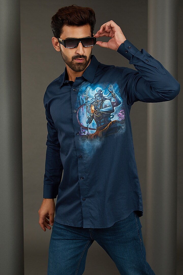 Shiva Navy Blue Premium Giza Cotton Blend Hand Painted Party Wear Shirt by AVALIPT at Pernia's Pop Up Shop