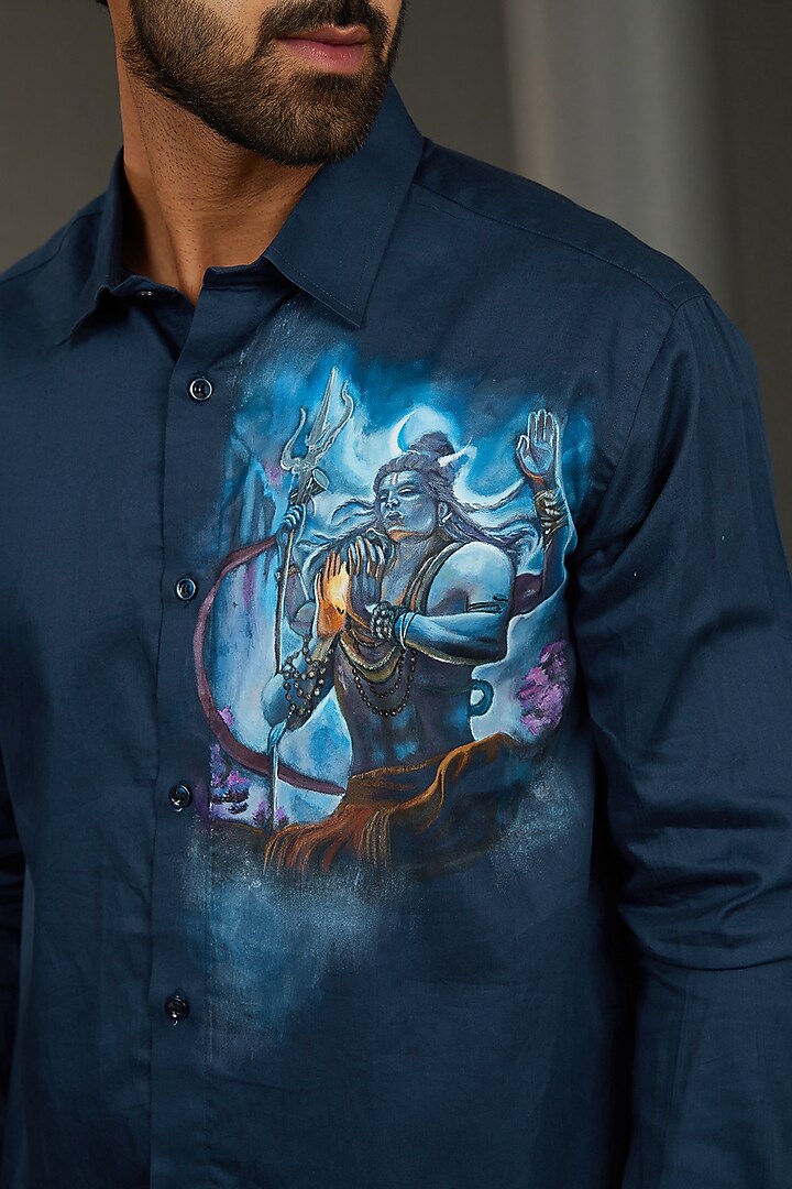 Shiva Navy Blue Premium Giza Cotton Blend Hand Painted Party Wear Shirt by AVALIPT at Pernia's Pop Up Shop