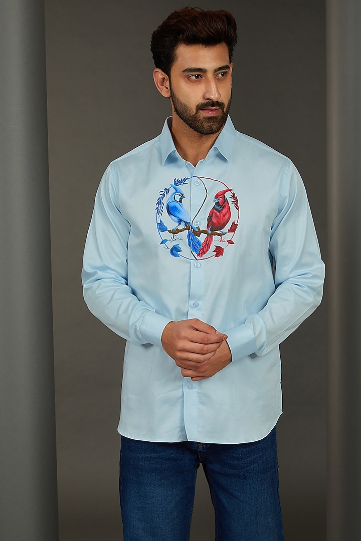 Yin Yang Birds Light Blue Premium Giza Cotton Blend Hand Painted Shirt by AVALIPT