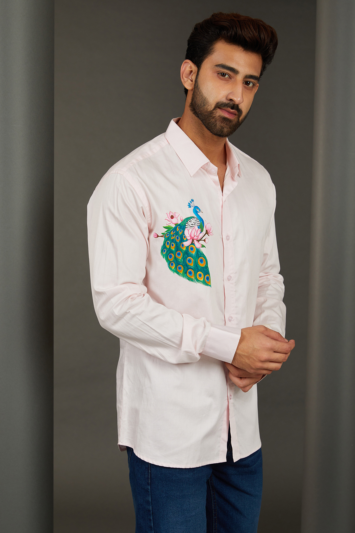 Peacock Mayur Peach-Pink Premium Giza Cotton Blend Hand Painted Shirt by AVALIPT