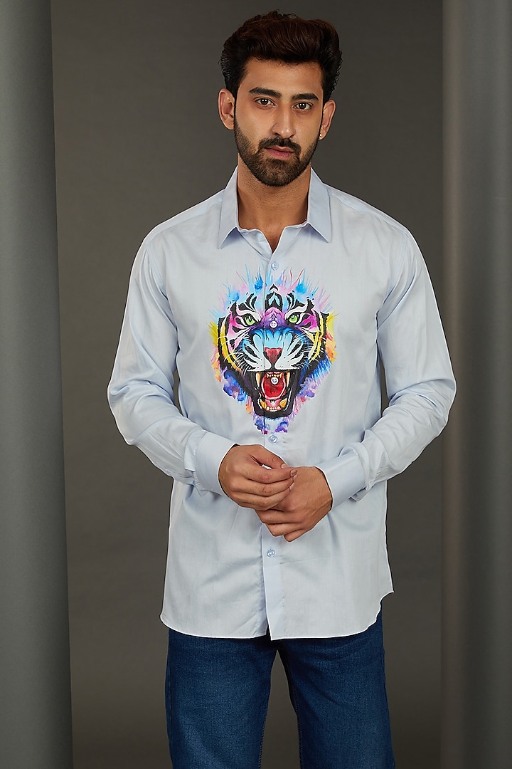 Vibrant Tiger Light Blue Premium Giza Cotton Blend Hand-Painted Shirt by AVALIPT