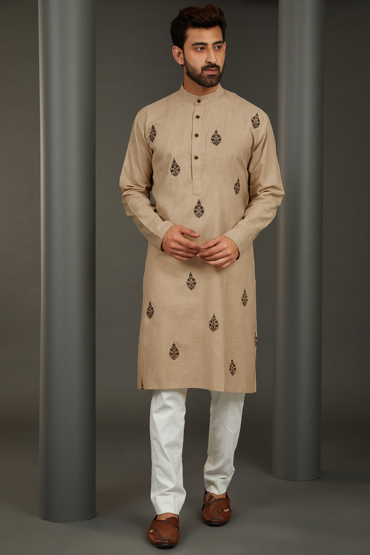 Beige Giza Cotton Hand Painted Kurta by AVALIPT