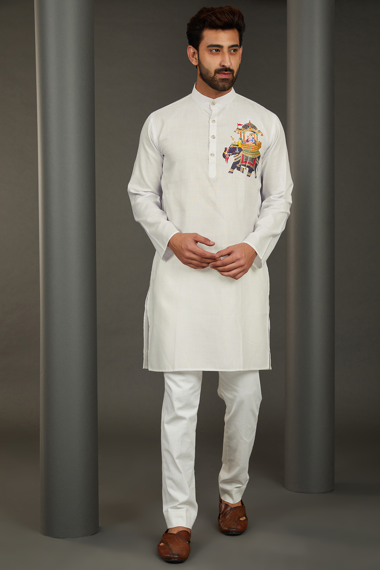 White Giza Cotton Blend Hand Painted Kurta by AVALIPT