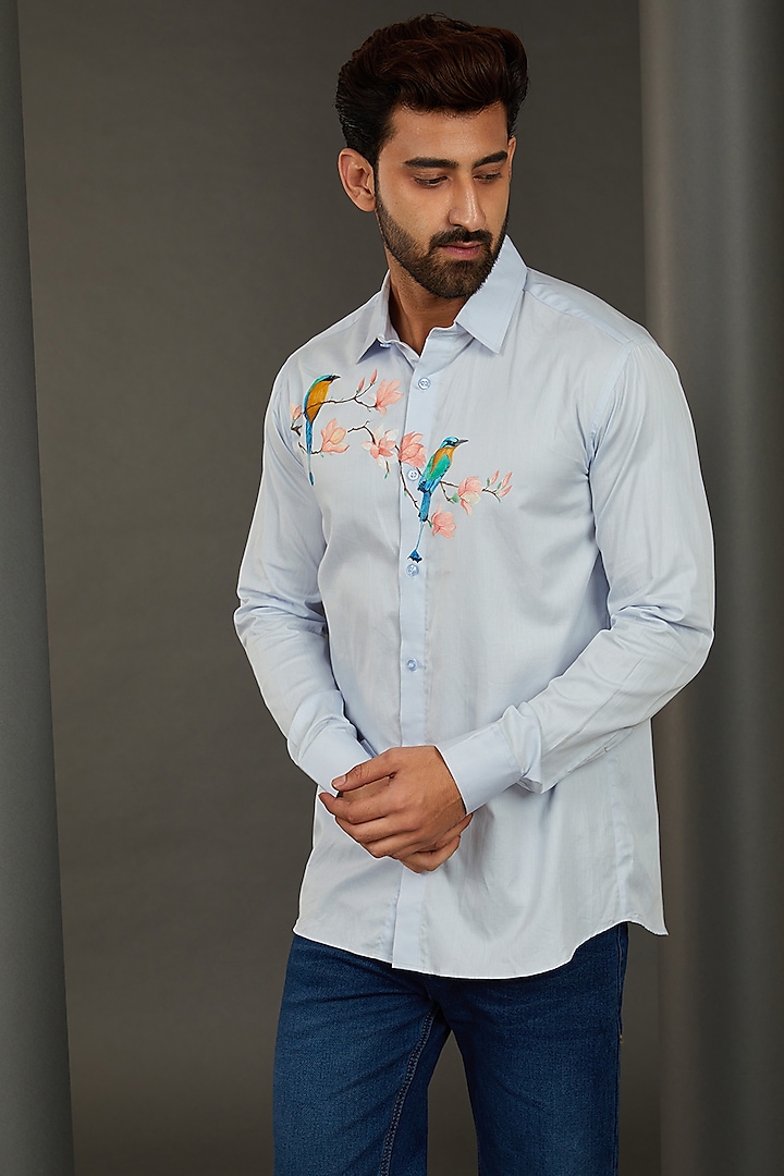 Robin Bird Light Blue Premium Giza Cotton Blend Hand-Painted Shirt by AVALIPT