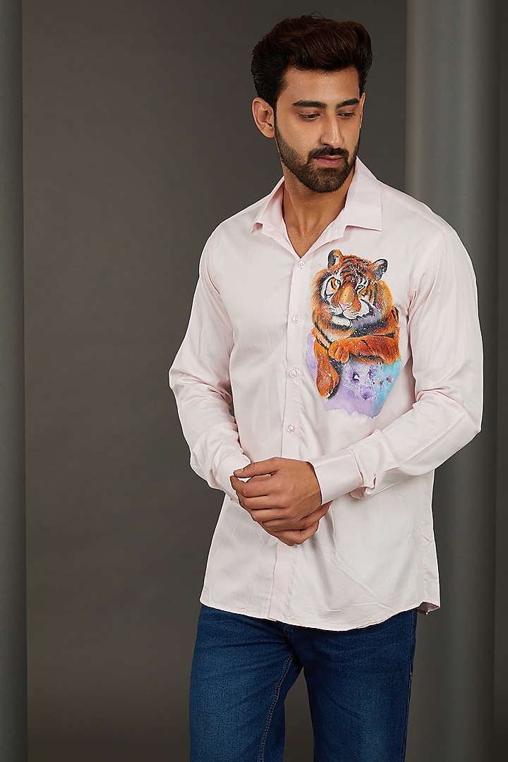 Prowling Tiger Peach-Pink Premium Giza Cotton Blend Hand Painted Shirt by AVALIPT