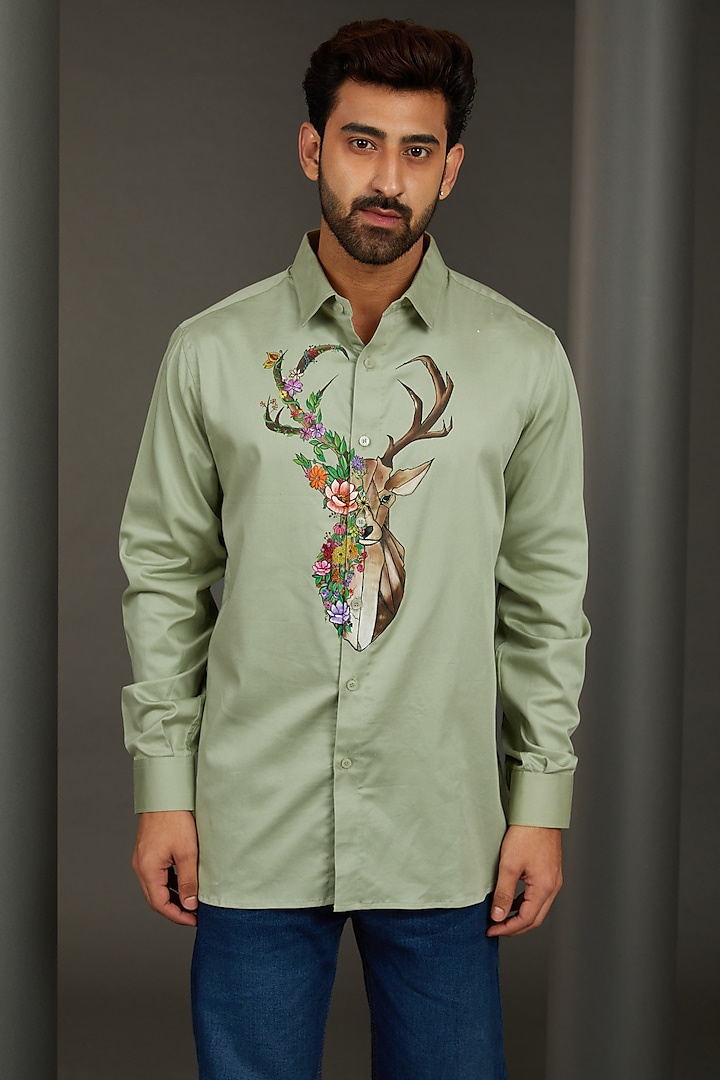 Deer Antlers Sage Green Premium Giza Cotton Blend Hand Painted Shirt by AVALIPT