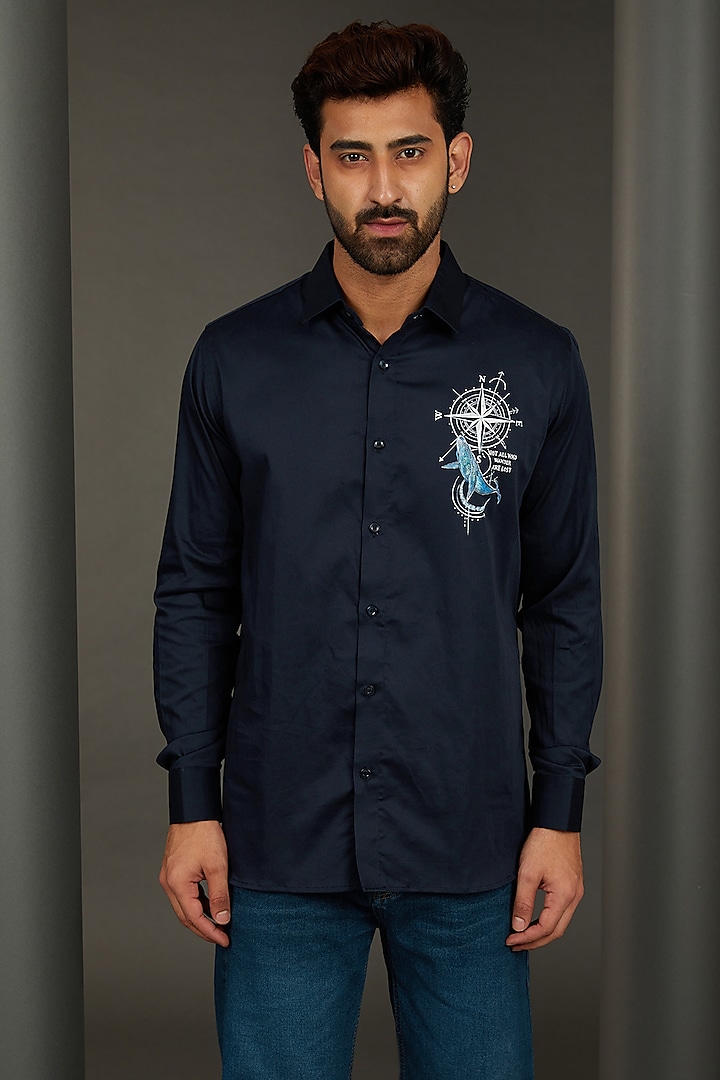 Seafarer Compass Navy Blue Premium Giza Cotton Blend Hand Painted Shirt by AVALIPT