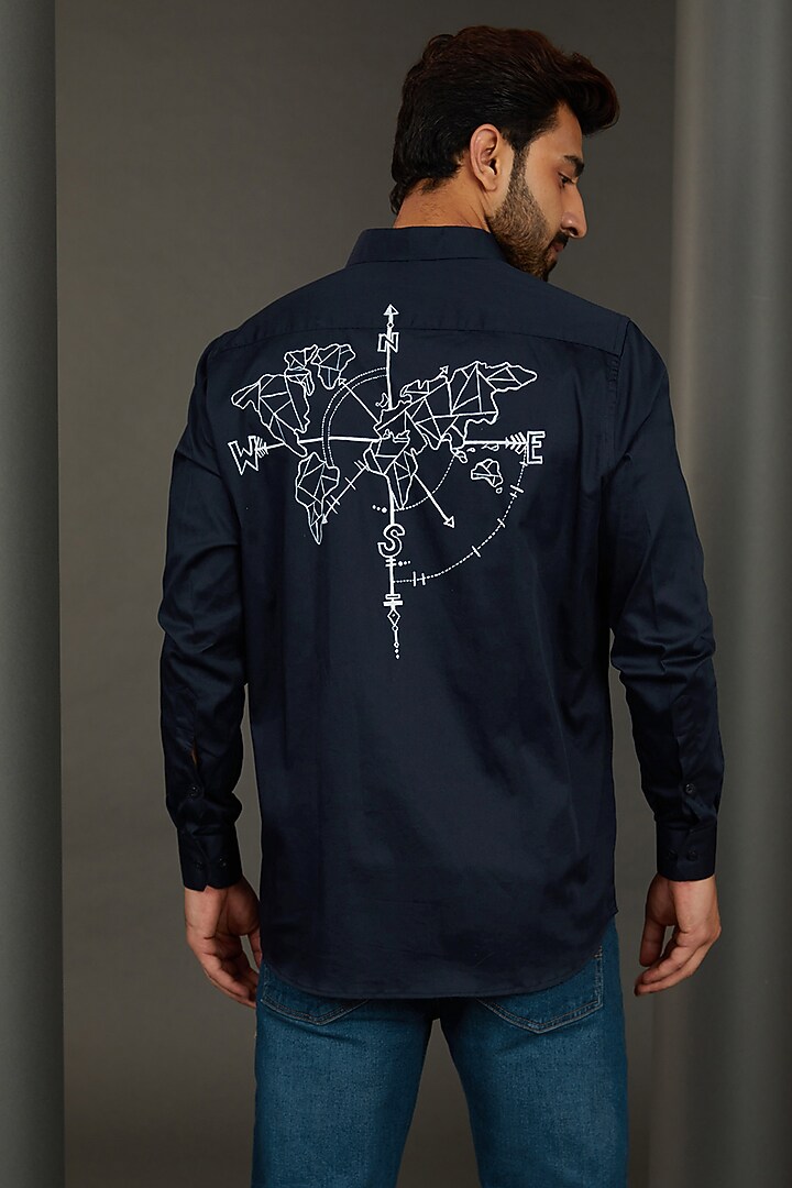 Seafarer Compass Navy Blue Premium Giza Cotton Blend Hand Painted Party Wear Shirt by AVALIPT at Pernia's Pop Up Shop