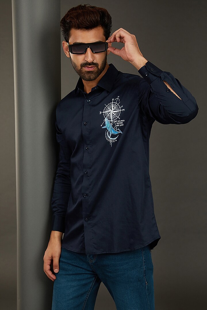 Seafarer Compass Navy Blue Premium Giza Cotton Blend Hand Painted Party Wear Shirt by AVALIPT at Pernia's Pop Up Shop