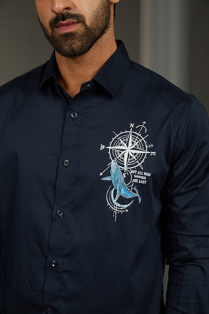 Seafarer Compass Navy Blue Premium Giza Cotton Blend Hand Painted Party Wear Shirt by AVALIPT at Pernia's Pop Up Shop