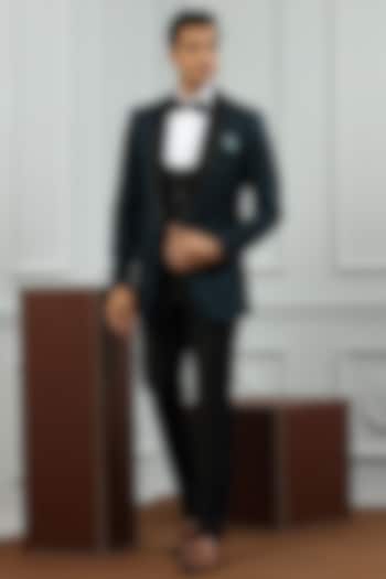 Teal Hand Embroidered Tuxedo Set by AVEGA at Pernia's Pop Up Shop