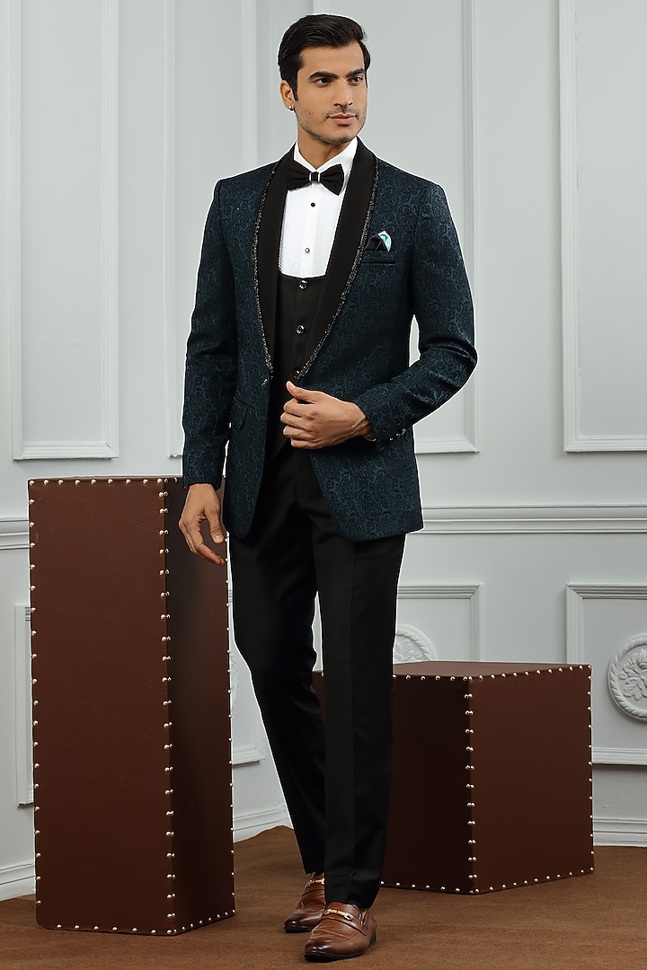Teal Hand Embroidered Tuxedo Set by AVEGA at Pernia's Pop Up Shop